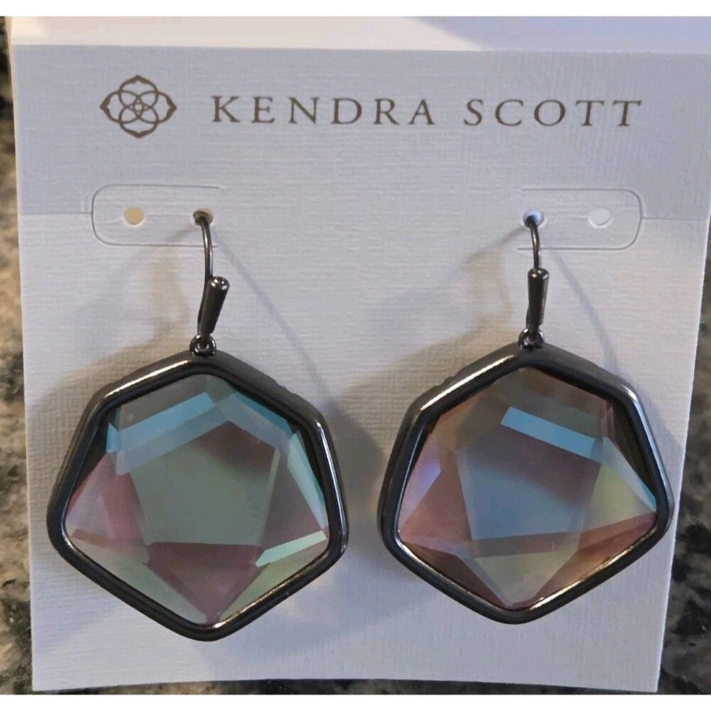 Kendra Scott Vanessa Drop Earrings Gunmetal Multicolor Hexagon Dichroic Glass